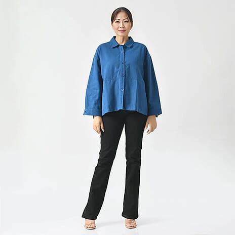 La Marey 100% Cotton Solid Jacket (Size S, 8 to 10) - Blue