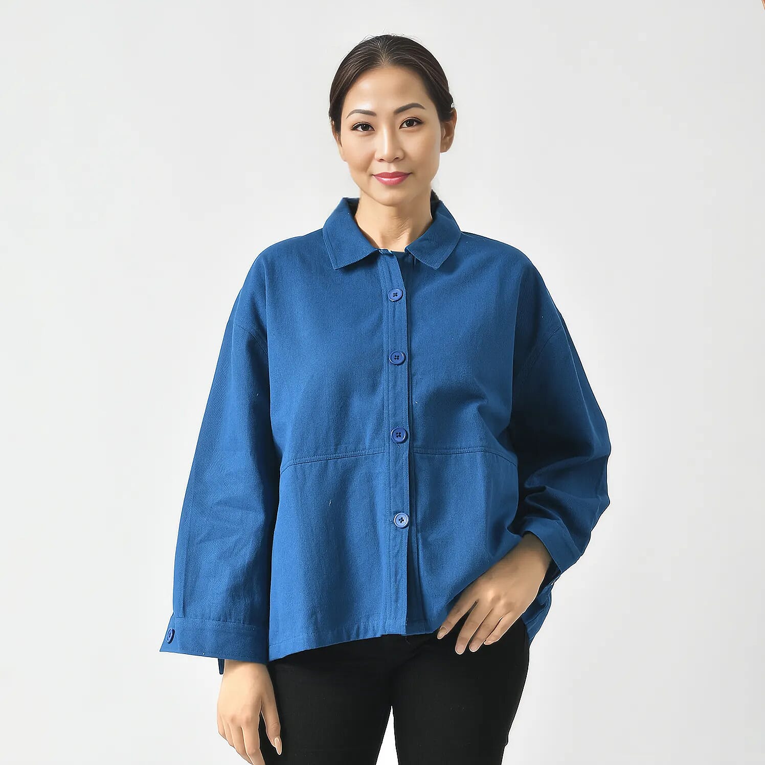 La Marey 100% Cotton Solid Jacket (Size S, 8 to 10) - Blue