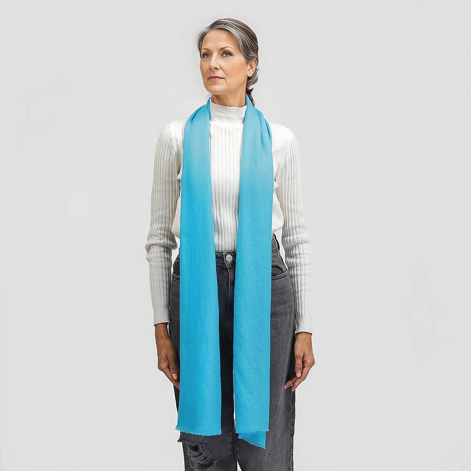 La Marey 100% Cashmere Solid Wool Scarf with Gift Box (Size 190x70 cm) - Turquoise