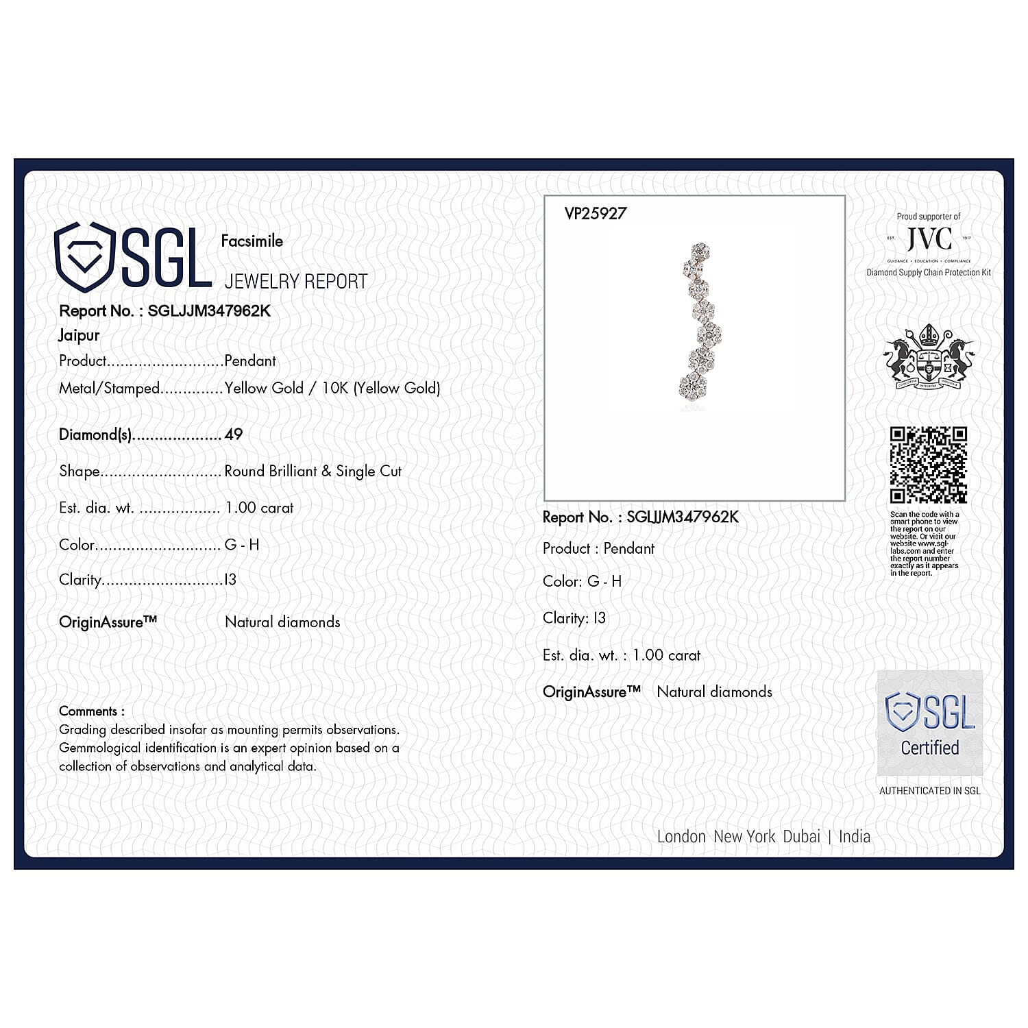 Las Vegas CloseOut - 9K Yellow Gold Diamond (G-H) Pendant 1.00 Ct