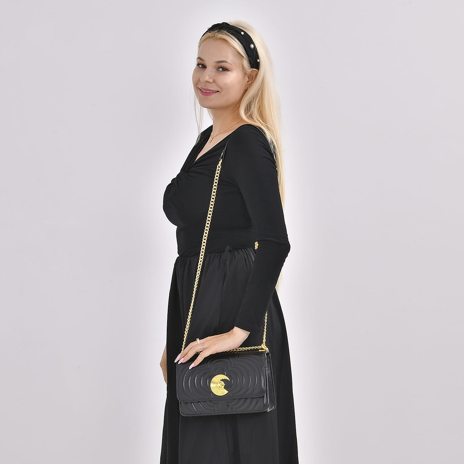 Leather Leaf Crossbody Bag (Size 23x8x15 cm) - Black