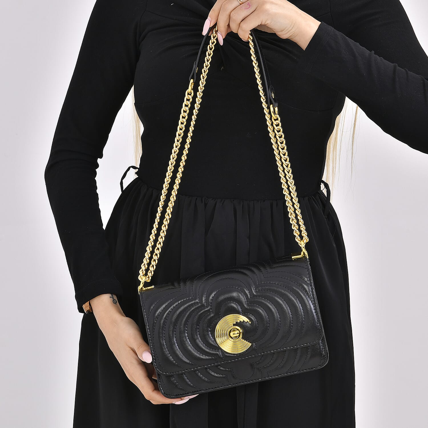 Leather Leaf Crossbody Bag (Size 23x8x15 cm) - Black