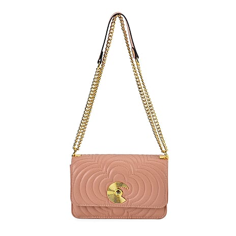 Genuine Leather Clover Pattern Crossbody Bag with Shoulder Strap - Light Pink