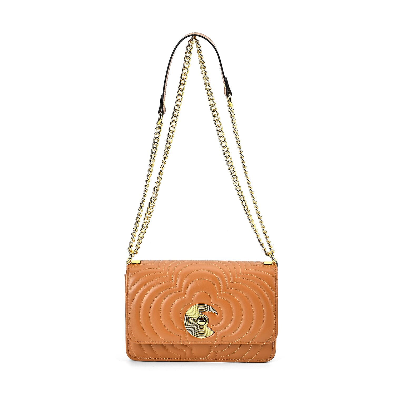 Genuine Leather Clover Pattern Crossbody Bag with Shoulder Strap - Tan