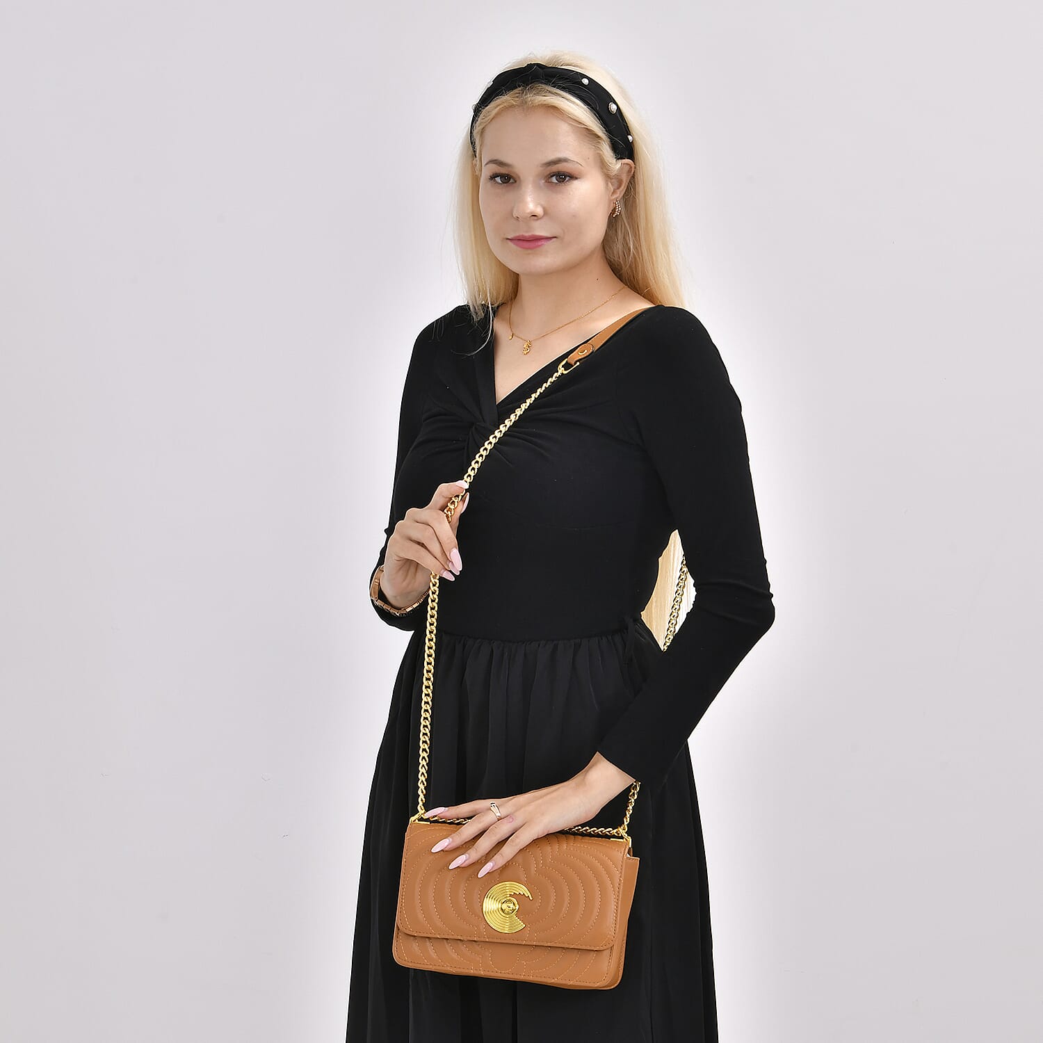 Genuine Leather Clover Pattern Crossbody Bag with Shoulder Strap - Tan