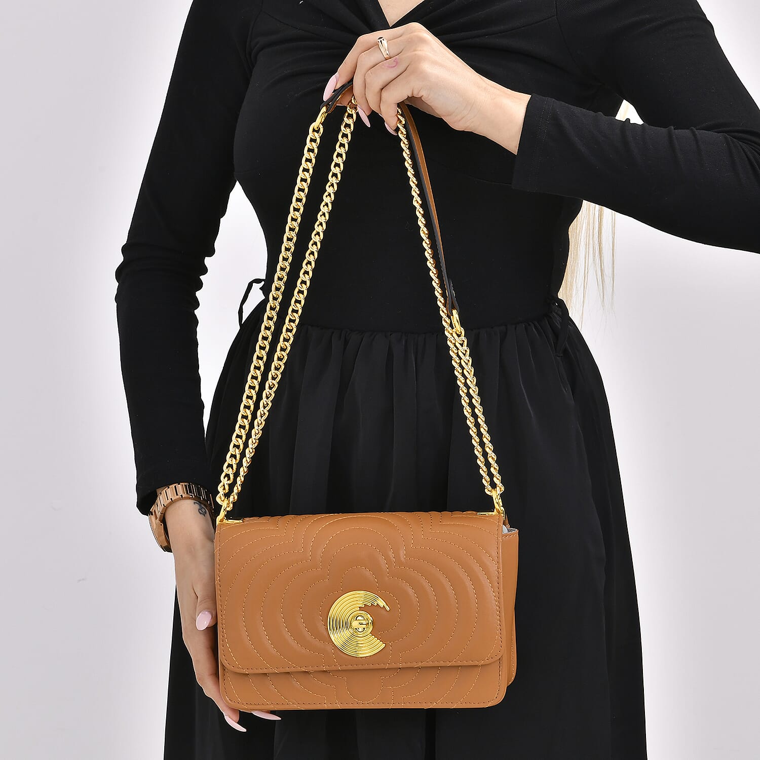 Genuine Leather Clover Pattern Crossbody Bag with Shoulder Strap - Tan