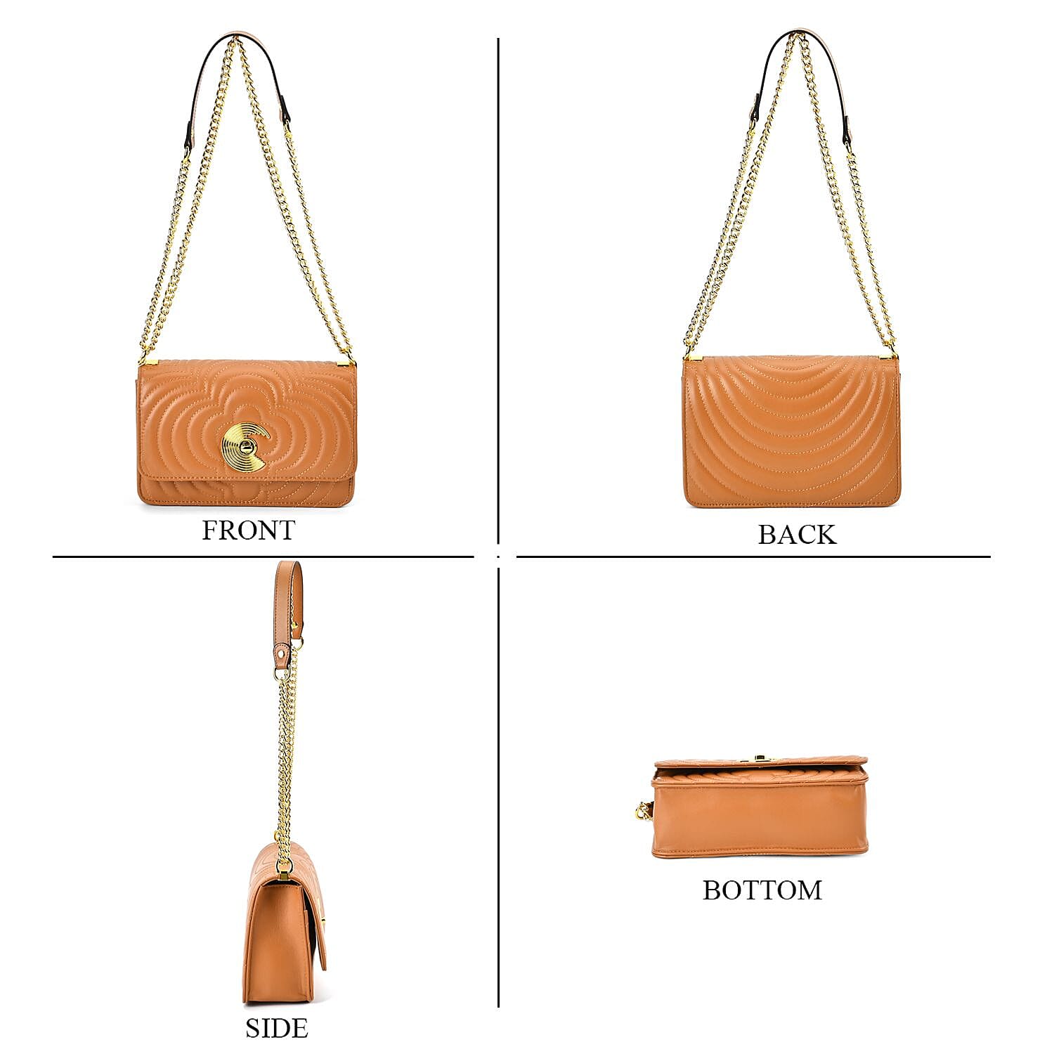 Genuine Leather Clover Pattern Crossbody Bag with Shoulder Strap - Tan