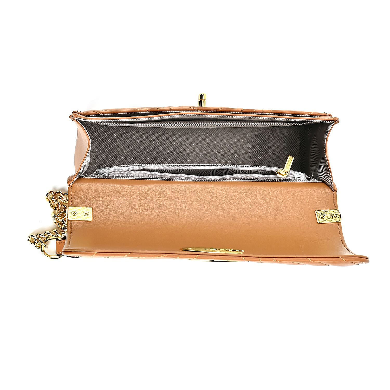 Genuine Leather Clover Pattern Crossbody Bag with Shoulder Strap - Tan