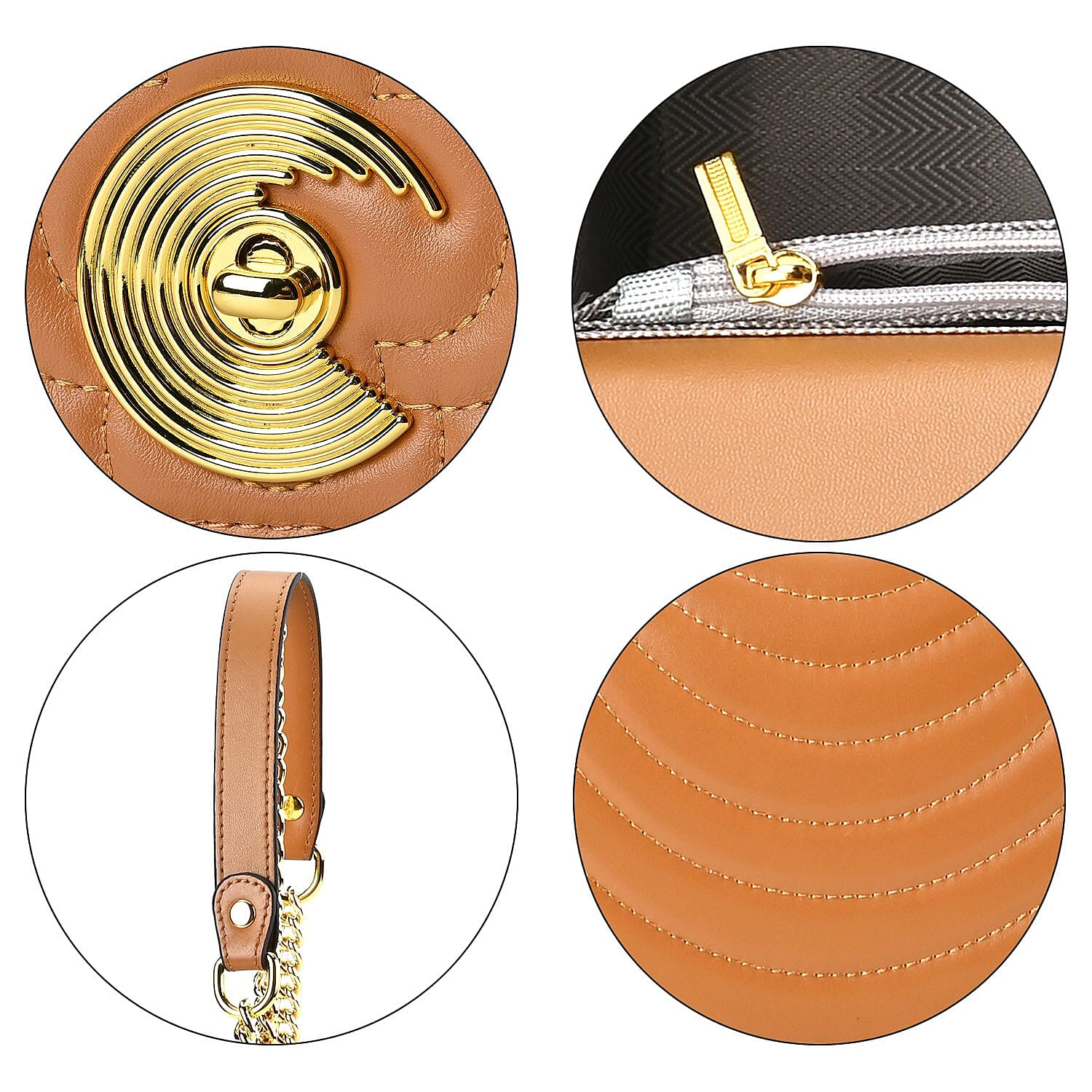 Genuine Leather Clover Pattern Crossbody Bag with Shoulder Strap - Tan