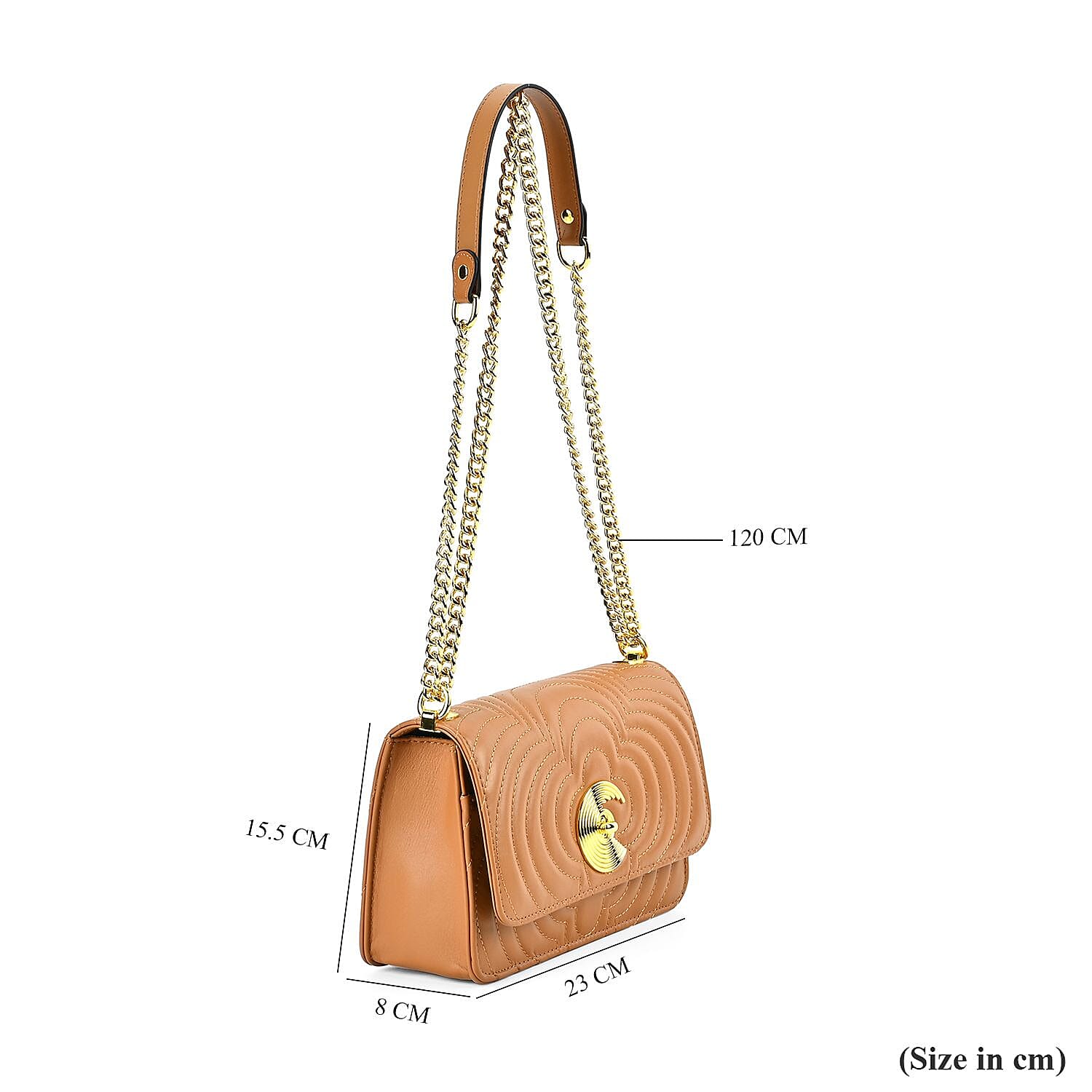 Genuine Leather Clover Pattern Crossbody Bag with Shoulder Strap - Tan