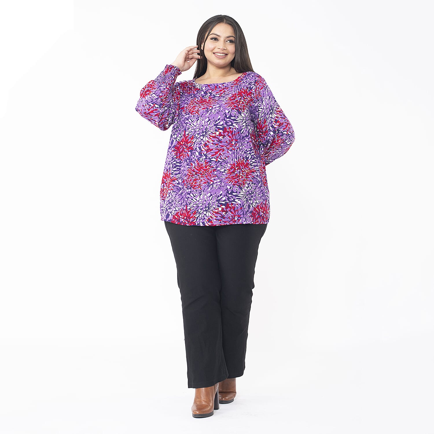 TAMSY 100% Viscose Floral Printed Full Sleeve Top with Smoking Cuffs (Size L, 16-18) - Pink