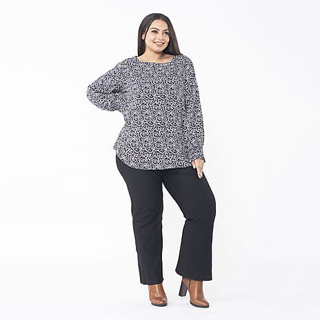 TAMSY 100% Viscose Floral Printed Bishop Sleeve Top (Size S,8-10) - Navy