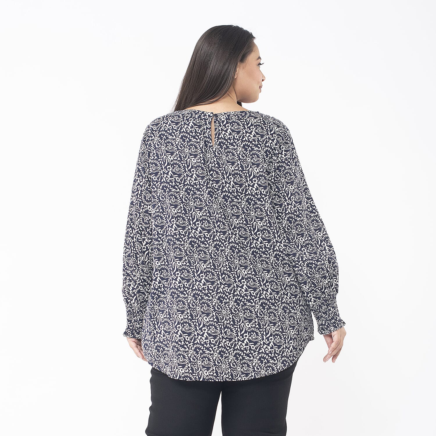 TAMSY 100% Viscose Floral Printed Bishop Sleeve Top (Size S,8-10) - Navy