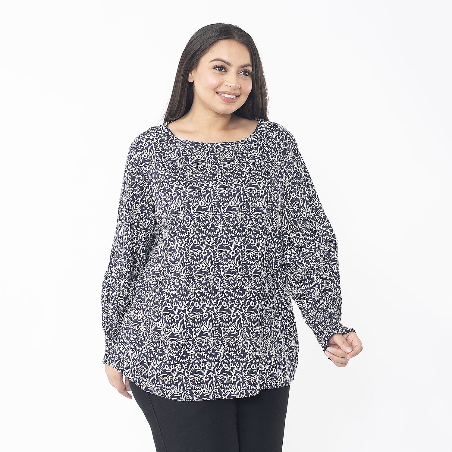 TAMSY 100% Viscose Floral Printed Bishop Sleeve Top (Size S,8-10) - Navy