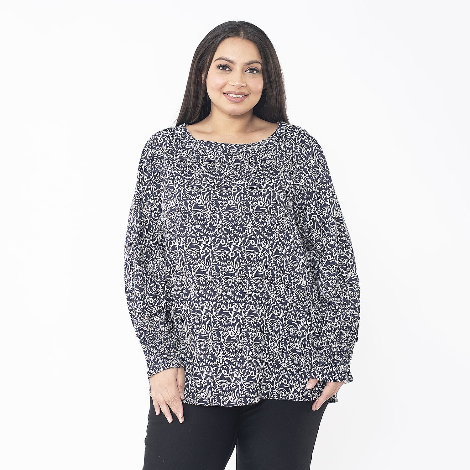 TAMSY 100% Viscose Floral Printed Bishop Sleeve Top (Size S,8-10) - Navy