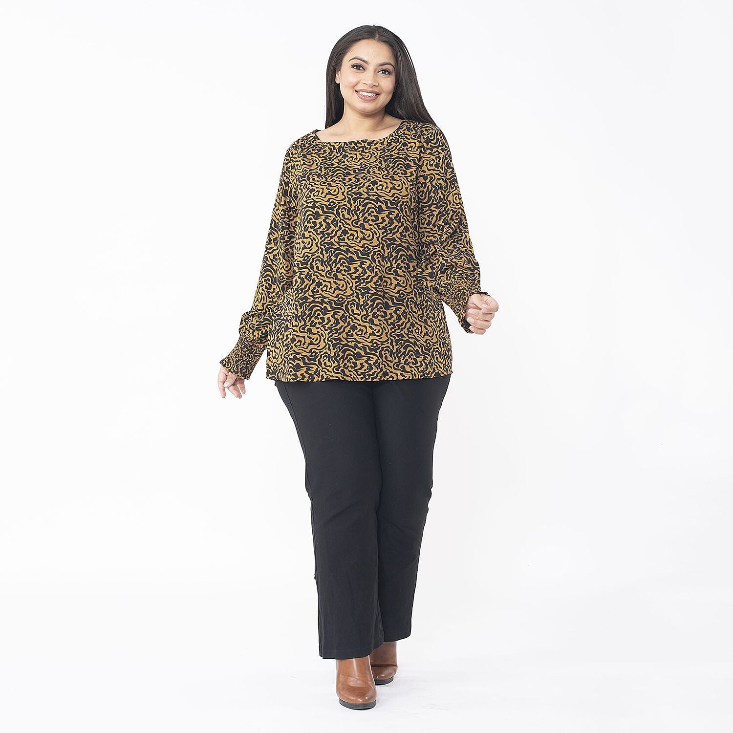 TAMSY 100% Viscose Animal Seam Less Printed Top with Smocking Elastic Sleeve (Size S) - Brown