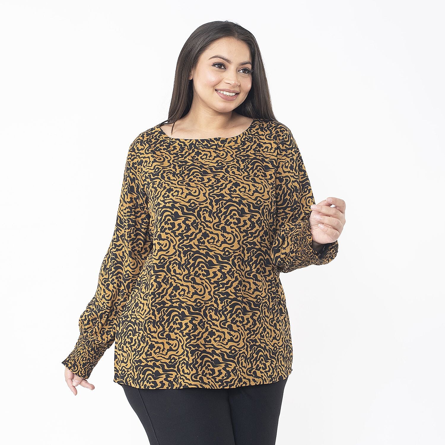 TAMSY 100% Viscose Animal Seam Less Printed Top with Smocking Elastic Sleeve (Size S) - Brown