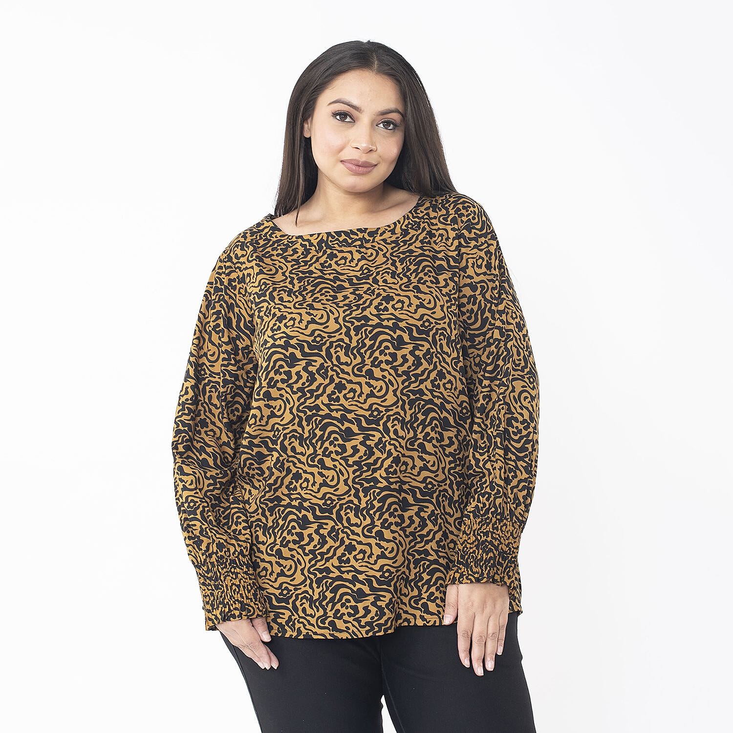 Tamsy 100% Viscose Animal Seamless Printed Top with smocking elastic sleeve opening (Size S, 8 to 10) - Brown