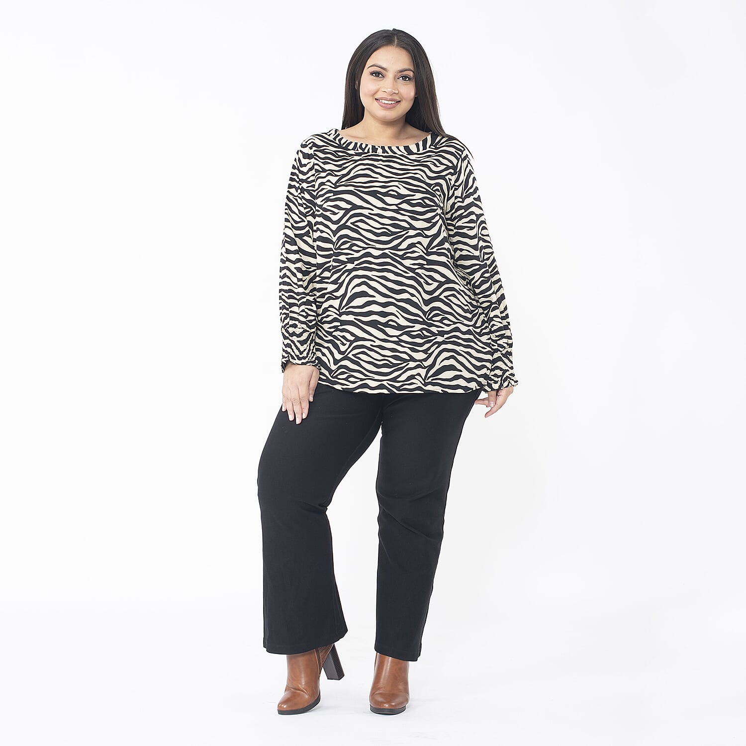 TAMSY Zebra Pattern Bishop Sleeve Top (Size XL, 20-22) - Beige & Black