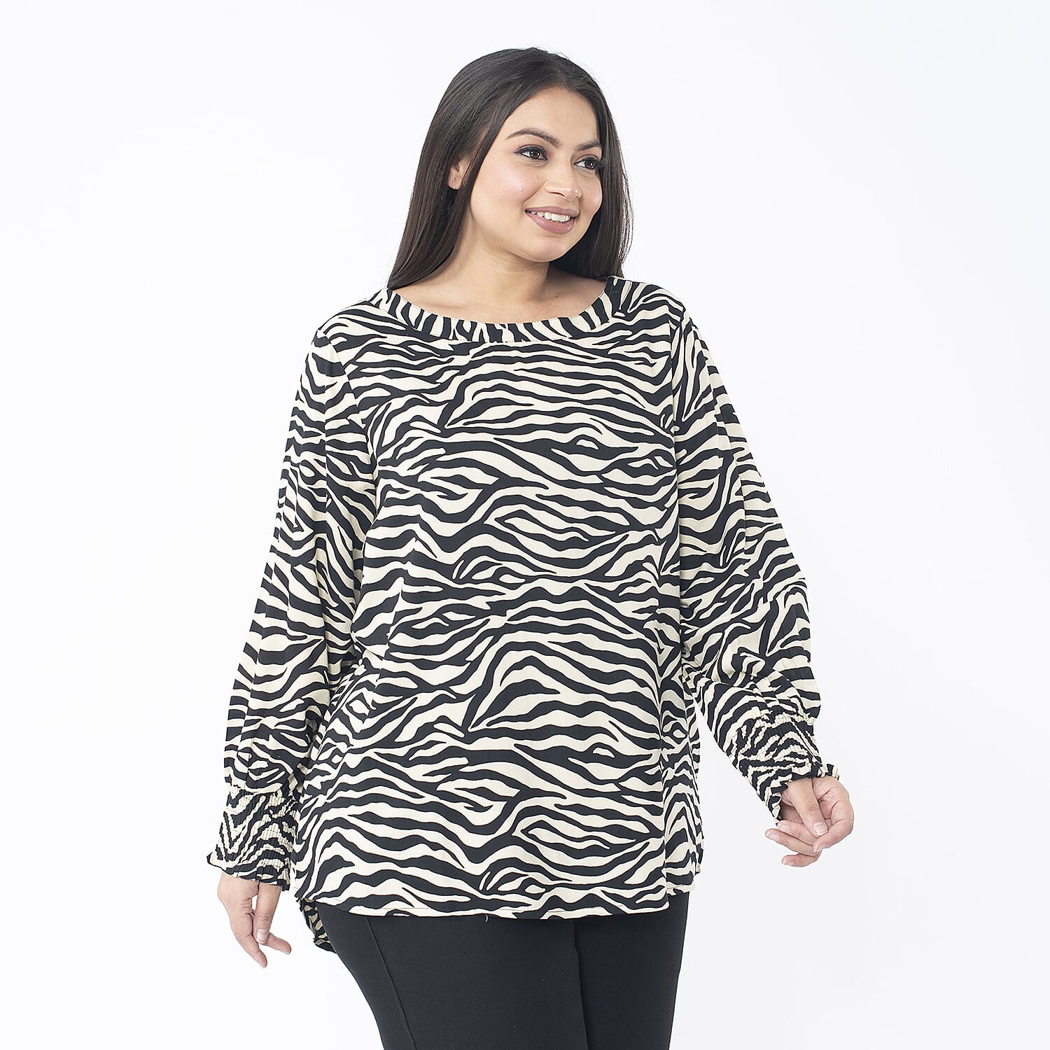 TAMSY Zebra Pattern Bishop Sleeve Top (Size XL, 20-22) - Beige & Black