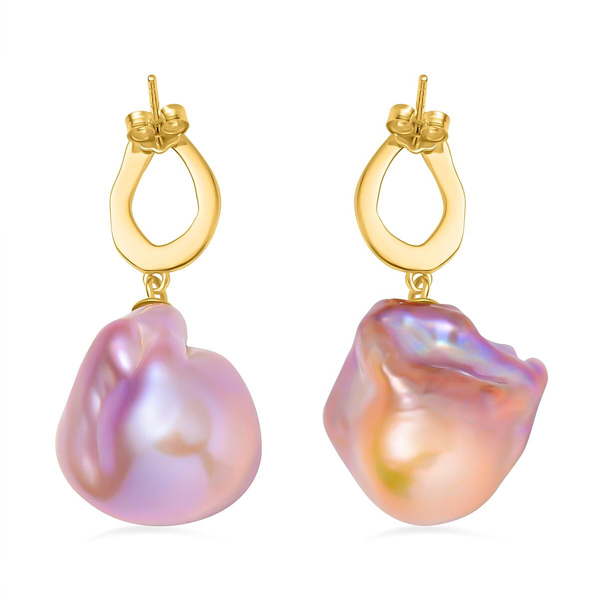 Multi Color Baroque Pearl Earrings in Yellow Gold Sterling Silver