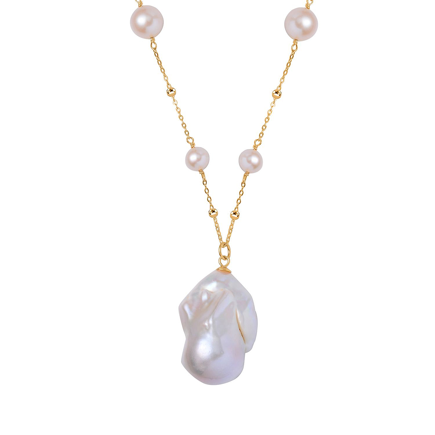 Designer Inspired -White Baroque Pearl & White Fresh Water Pearl Necklace (Size - 20) in Yellow Gold Overlay Sterling Silver