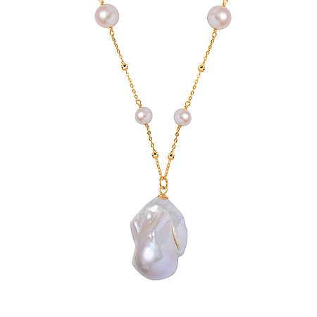 Designer Inspired -White Baroque Pearl & White Fresh Water Pearl Necklace (Size - 20) in Yellow Gold Overlay Sterling Silver