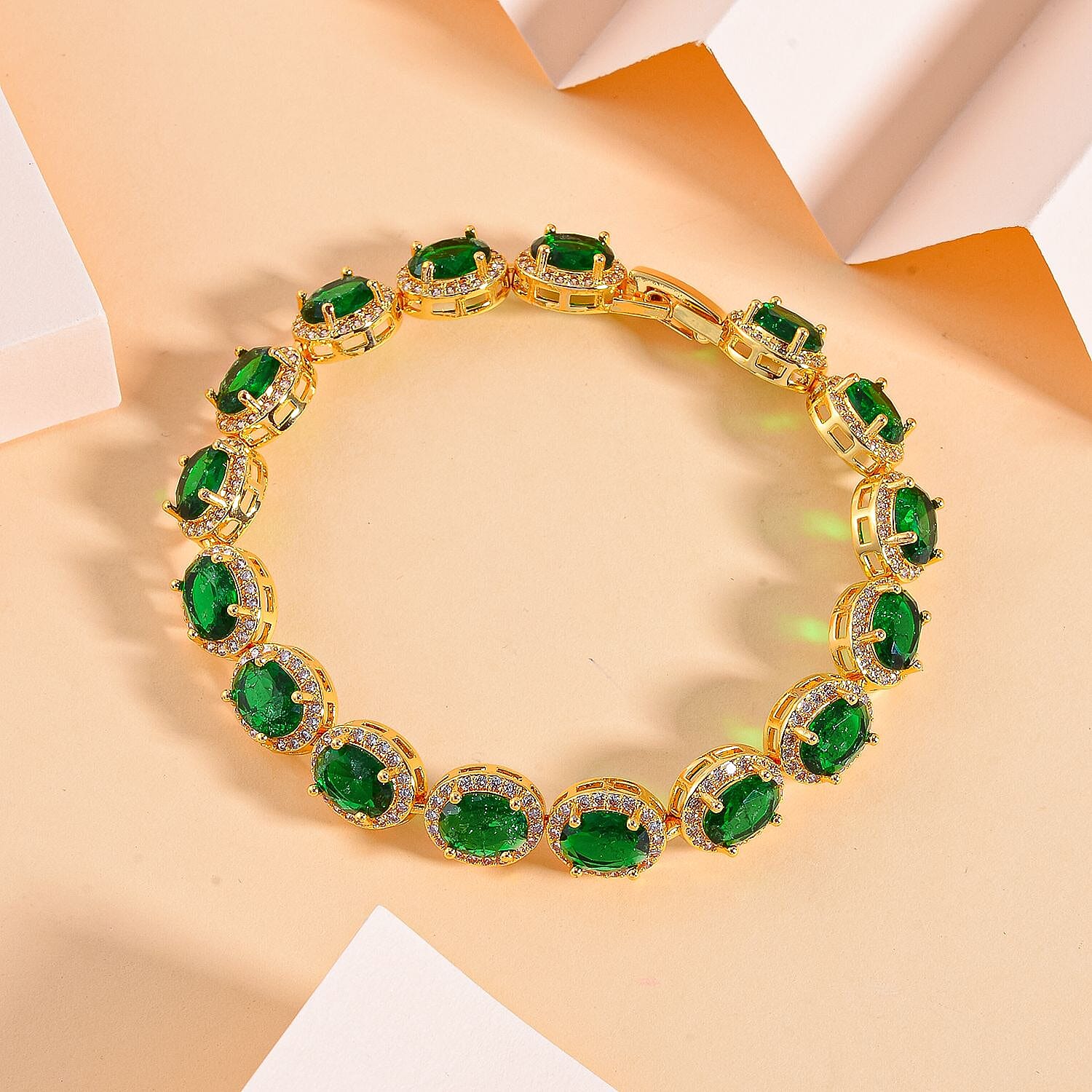Neon Green Crystal , White Cubic Zirconia Bracelet (Size - 7.5) Pure Yellow Brass 0.51 ct 0.510 Ct.