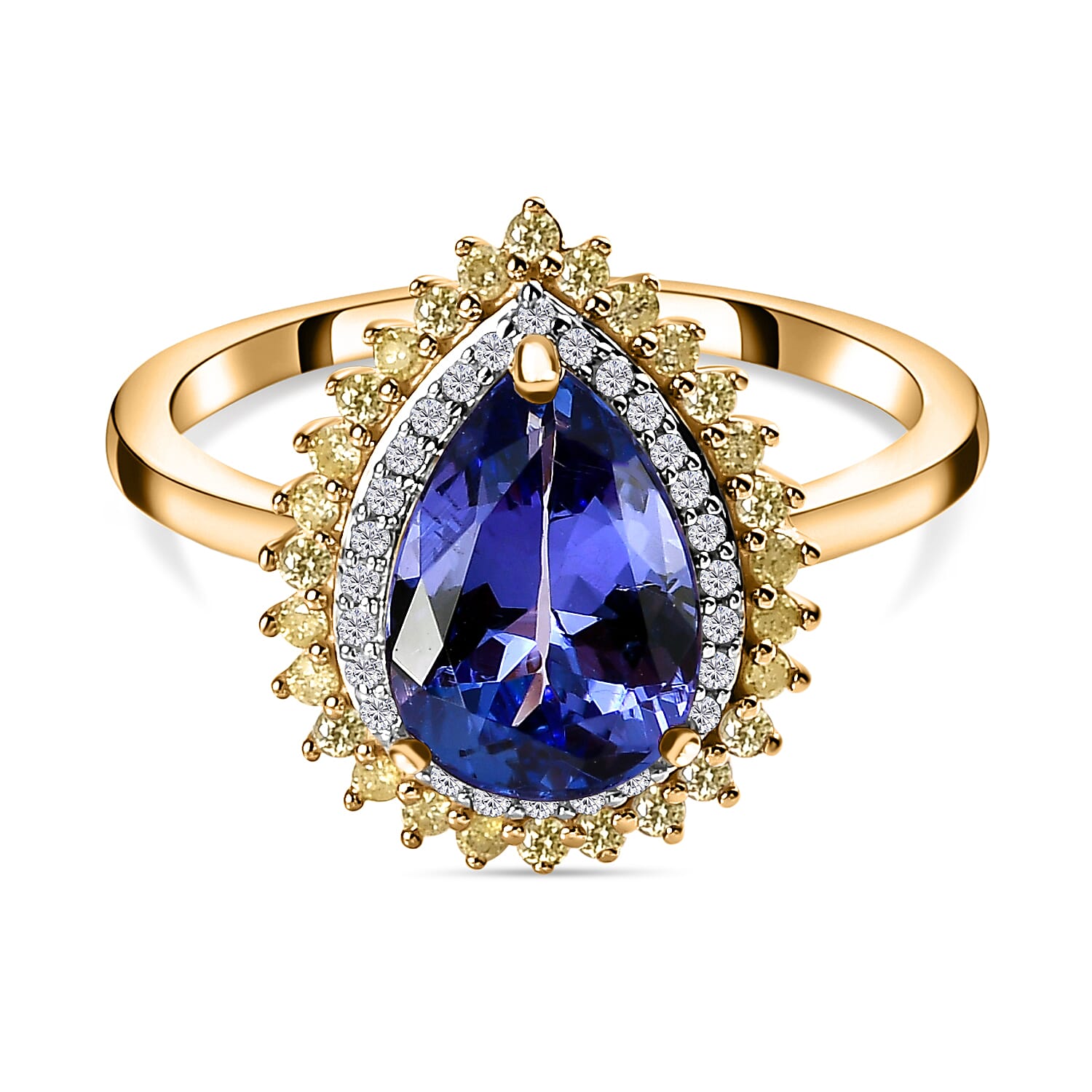 14K Yellow Gold Premium Tanzanite, Natural Yellow Diamond & White Diamond Tear Drop Ring 2.40 Ct.