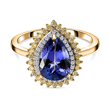 14K Yellow Gold Premium Tanzanite, Natural Yellow Diamond & White Diamond Tear Drop Ring 2.40 Ct.