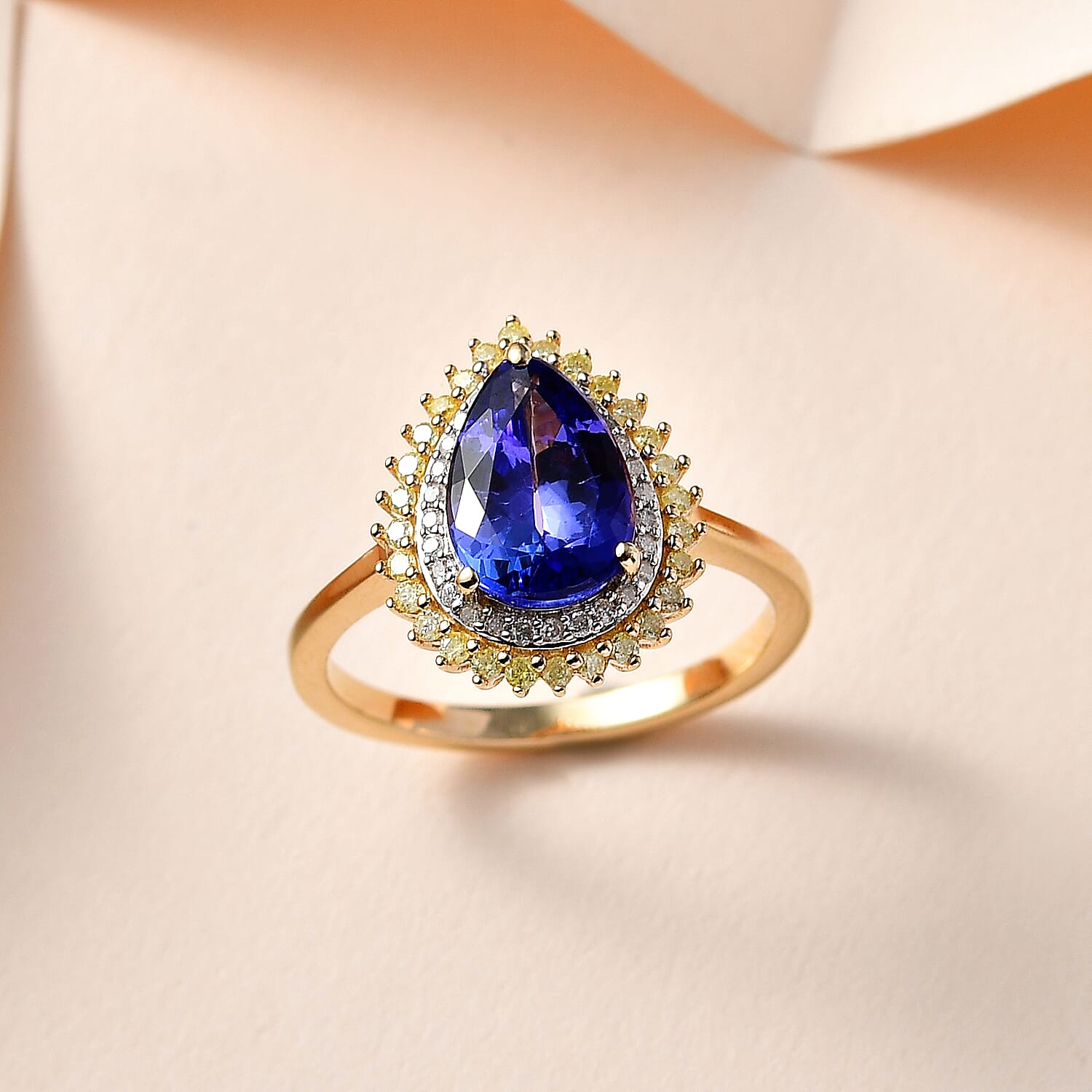 14K Yellow Gold Premium Tanzanite, Natural Yellow Diamond & White Diamond Tear Drop Ring 2.40 Ct.