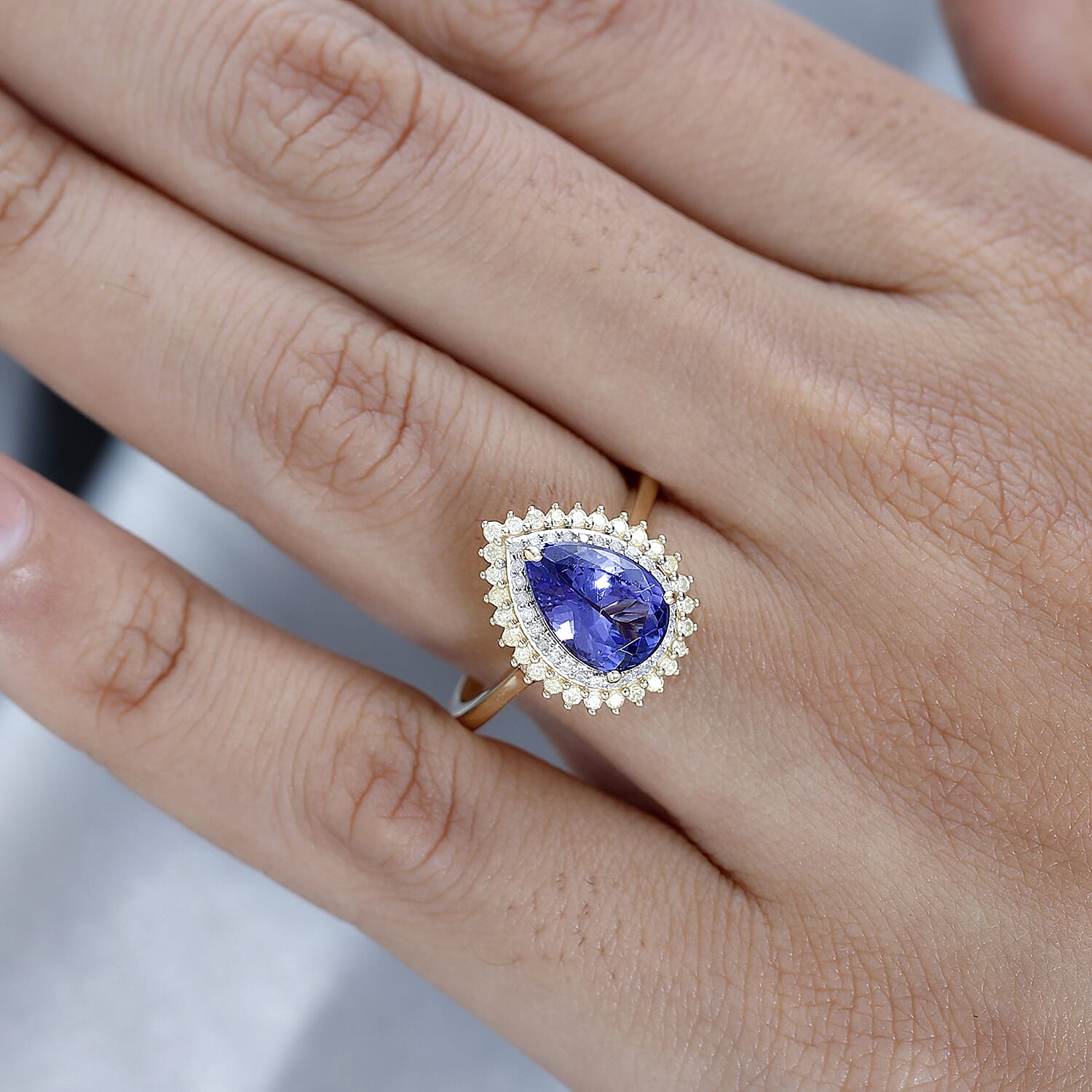 14K Yellow Gold Premium Tanzanite, Natural Yellow Diamond & White Diamond Tear Drop Ring 2.40 Ct.