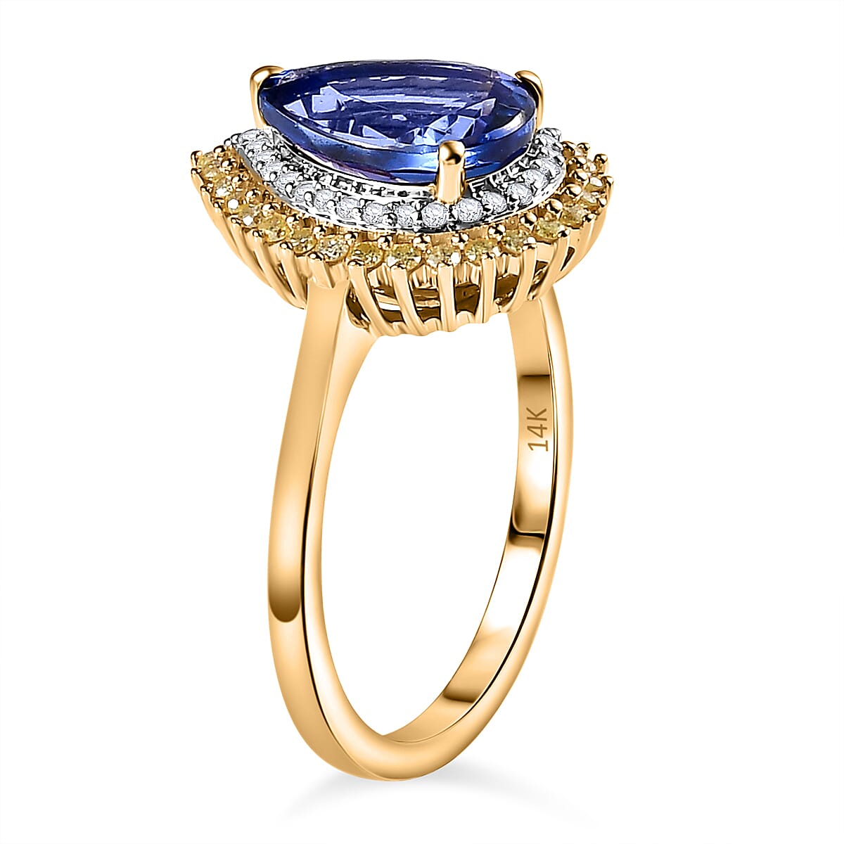 14K Yellow Gold Premium Tanzanite, Natural Yellow Diamond & White Diamond Tear Drop Ring 2.40 Ct.