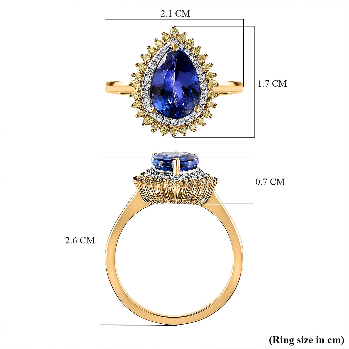14K Yellow Gold Premium Tanzanite, Natural Yellow Diamond & White Diamond Tear Drop Ring 2.40 Ct.