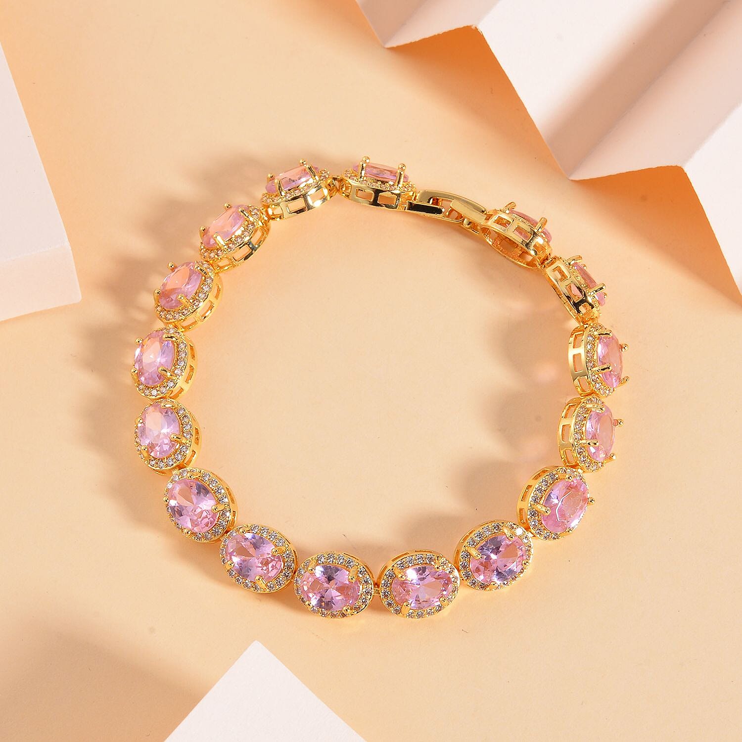 One Time Closeout - Simulated Pink Sapphire and Simulated Diamond Tennis Bracelet (Size - 7.5) in Yellow Gold Tone