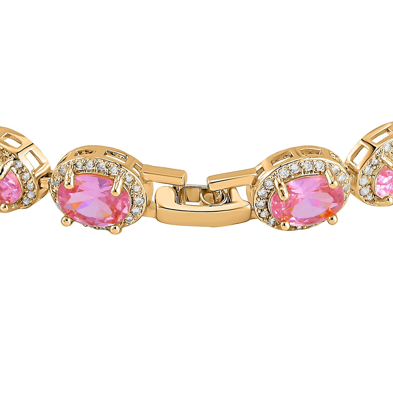 One Time Closeout - Simulated Pink Sapphire and Simulated Diamond Tennis Bracelet (Size - 7.5) in Yellow Gold Tone