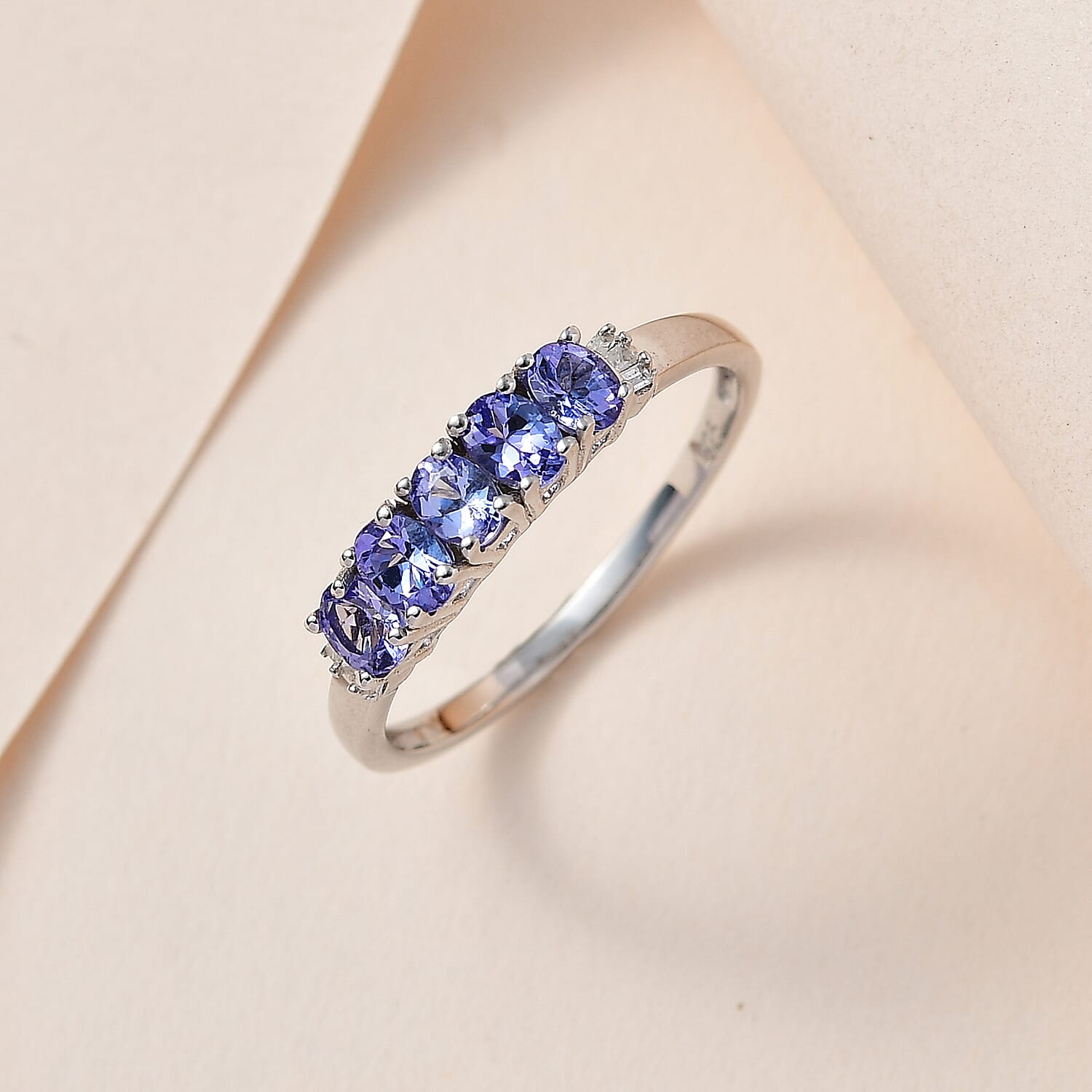 Tanzanite & Diamond 5 Stone Ring in Platinum Overlay Sterling Silver 1.00 Ct