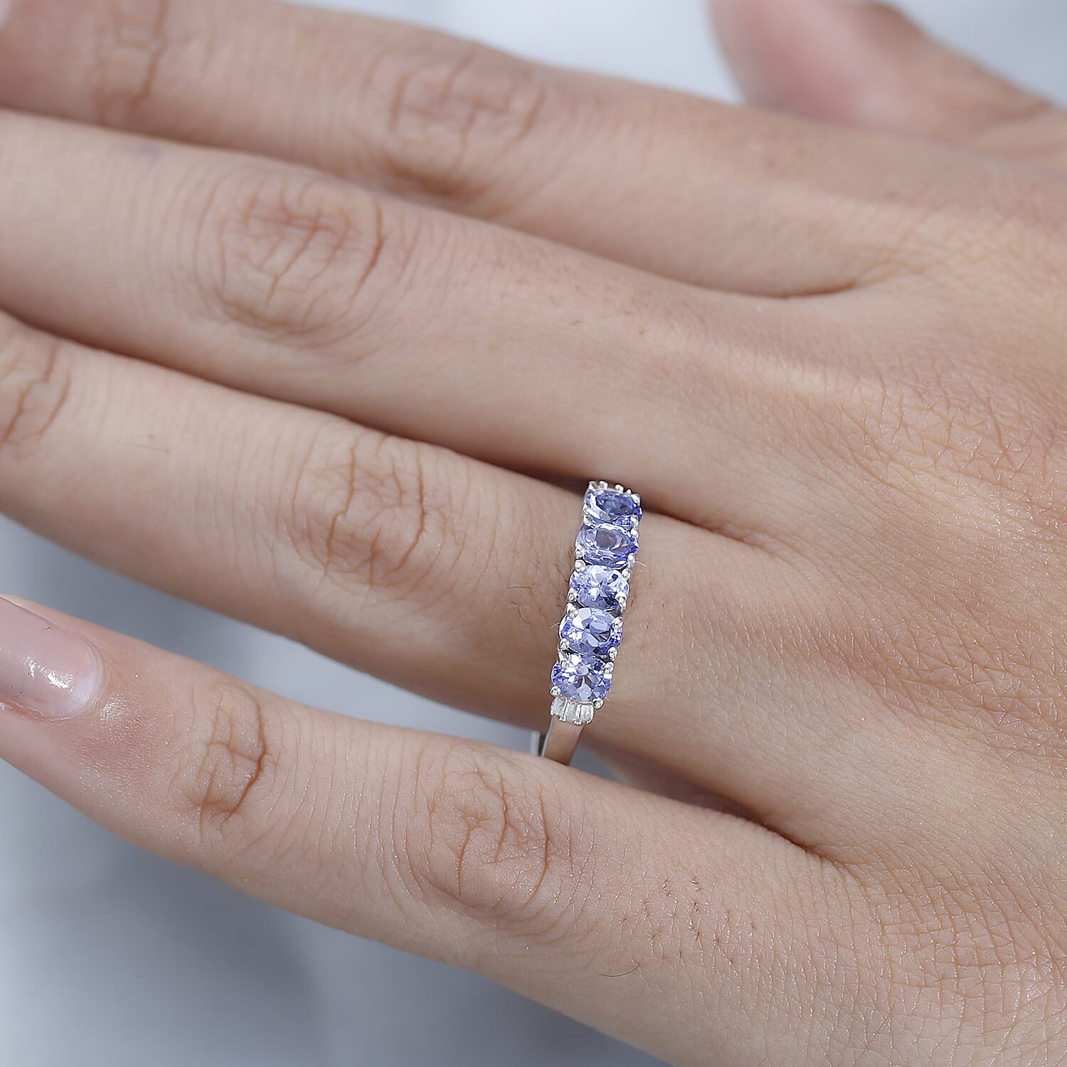 Tanzanite & Diamond 5 Stone Ring in Platinum Overlay Sterling Silver 1.00 Ct