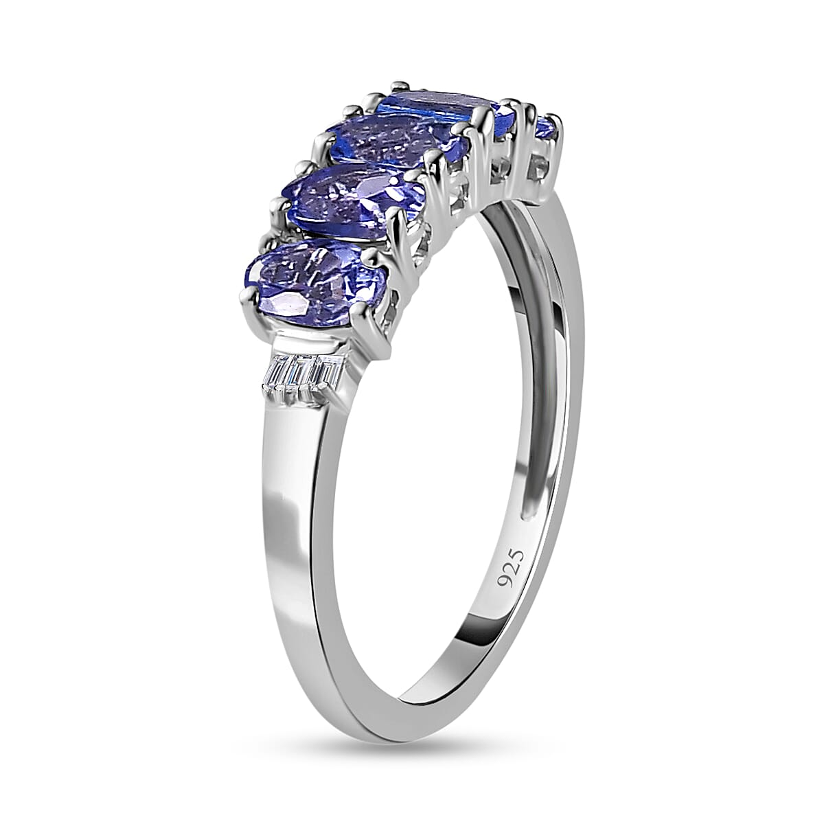 Tanzanite & Diamond 5 Stone Ring in Platinum Overlay Sterling Silver 1.00 Ct