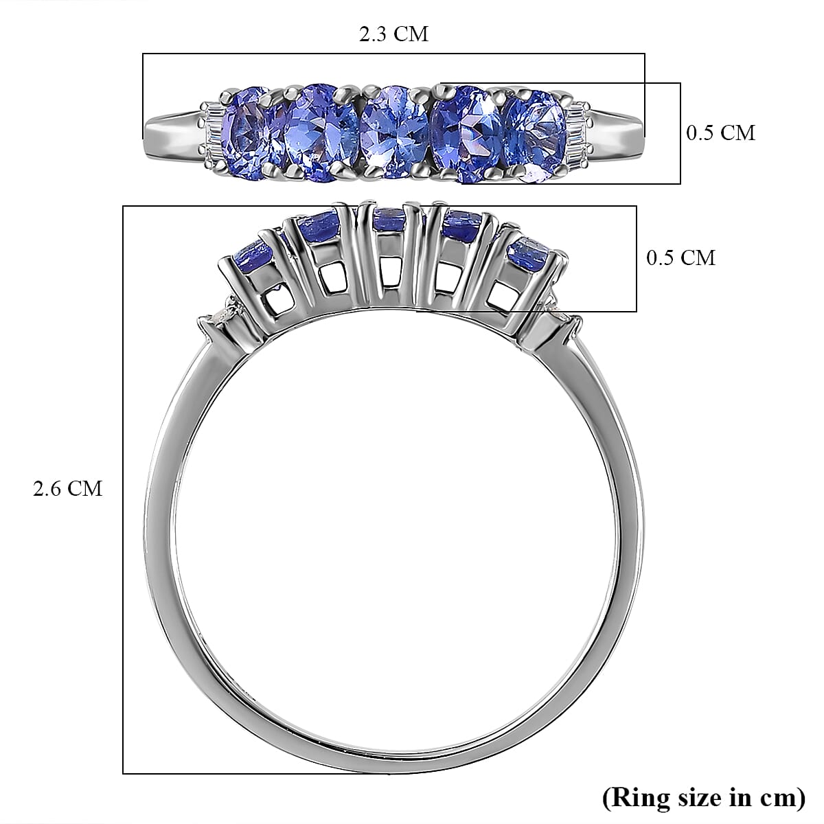 Tanzanite & Diamond 5 Stone Ring in Platinum Overlay Sterling Silver 1.00 Ct