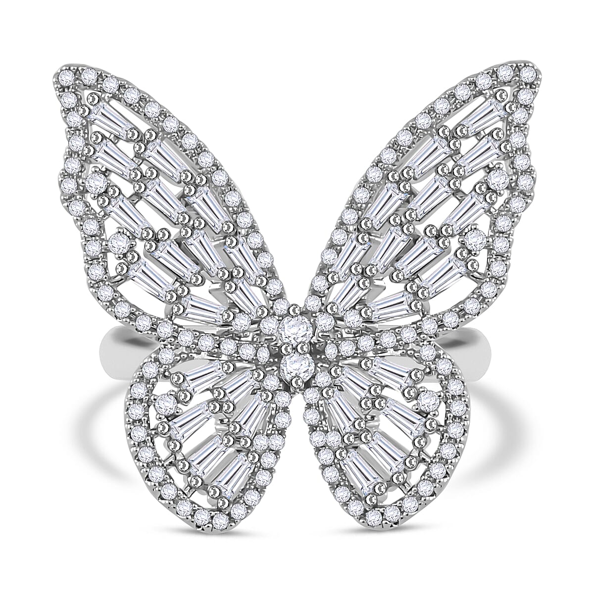 White Cubic Zirconia Butterfly Adjustable Ring in Silver Tone