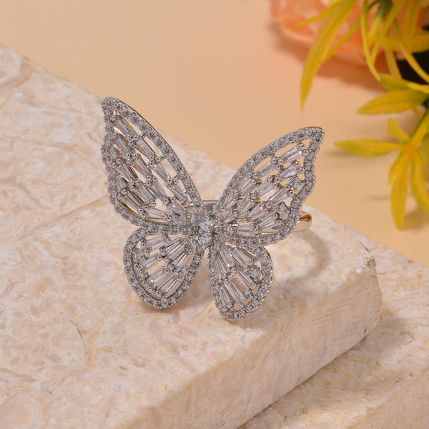 White Cubic Zirconia Butterfly Adjustable Ring in Silver Tone