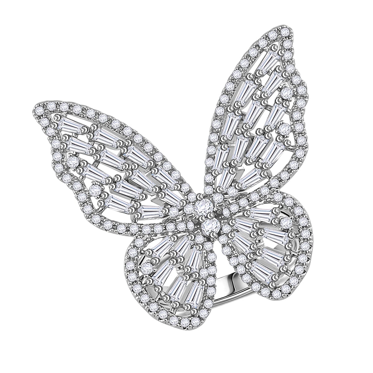 White Cubic Zirconia Butterfly Adjustable Ring in Silver Tone