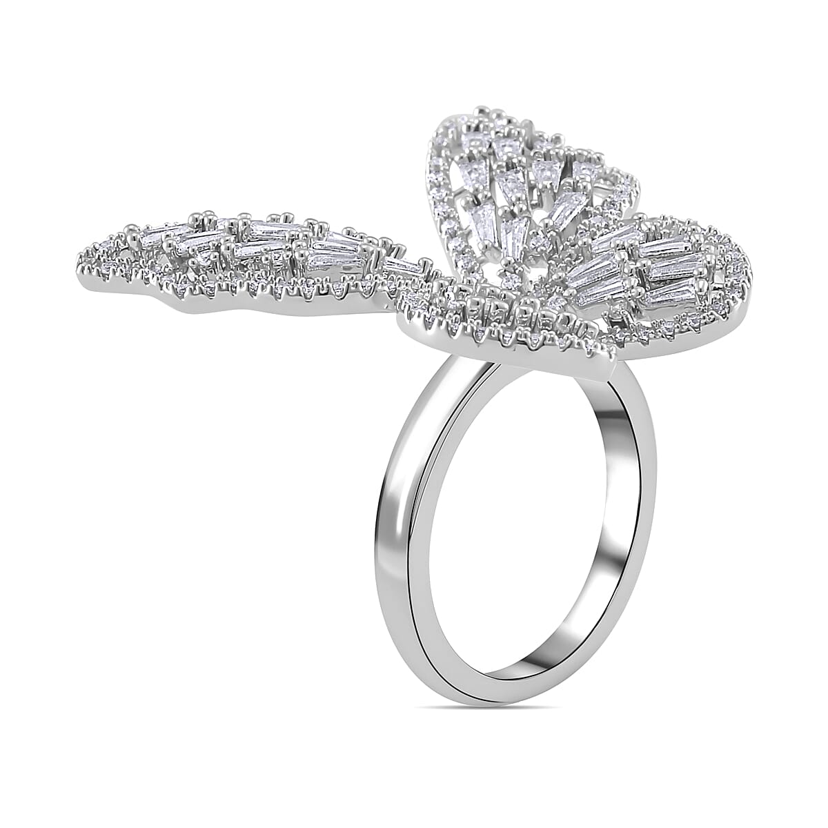 White Cubic Zirconia Butterfly Adjustable Ring in Silver Tone