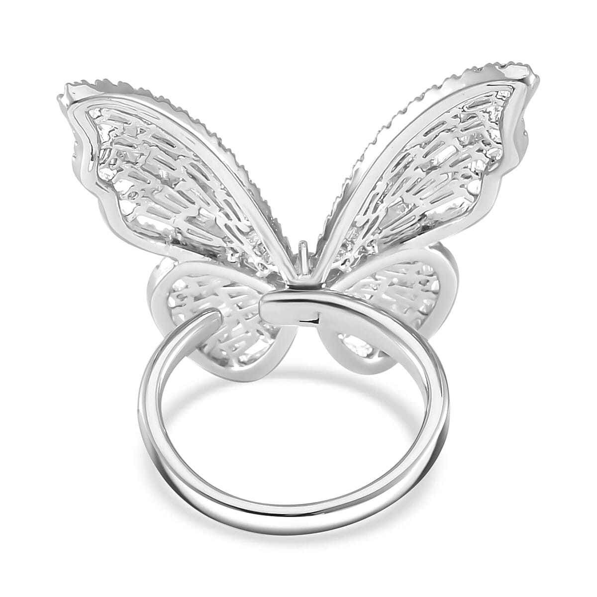 White Cubic Zirconia Butterfly Adjustable Ring in Silver Tone