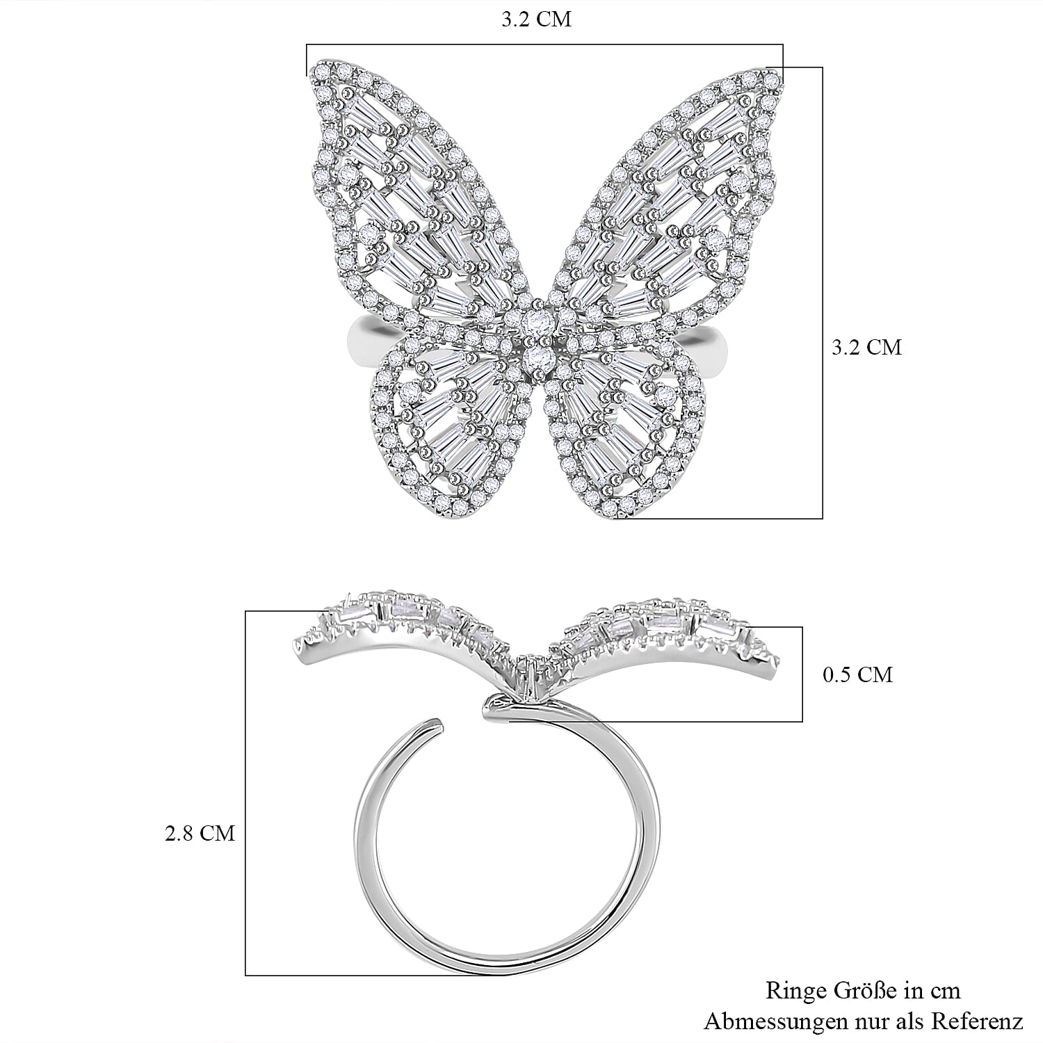 White Cubic Zirconia Butterfly Adjustable Ring in Silver Tone