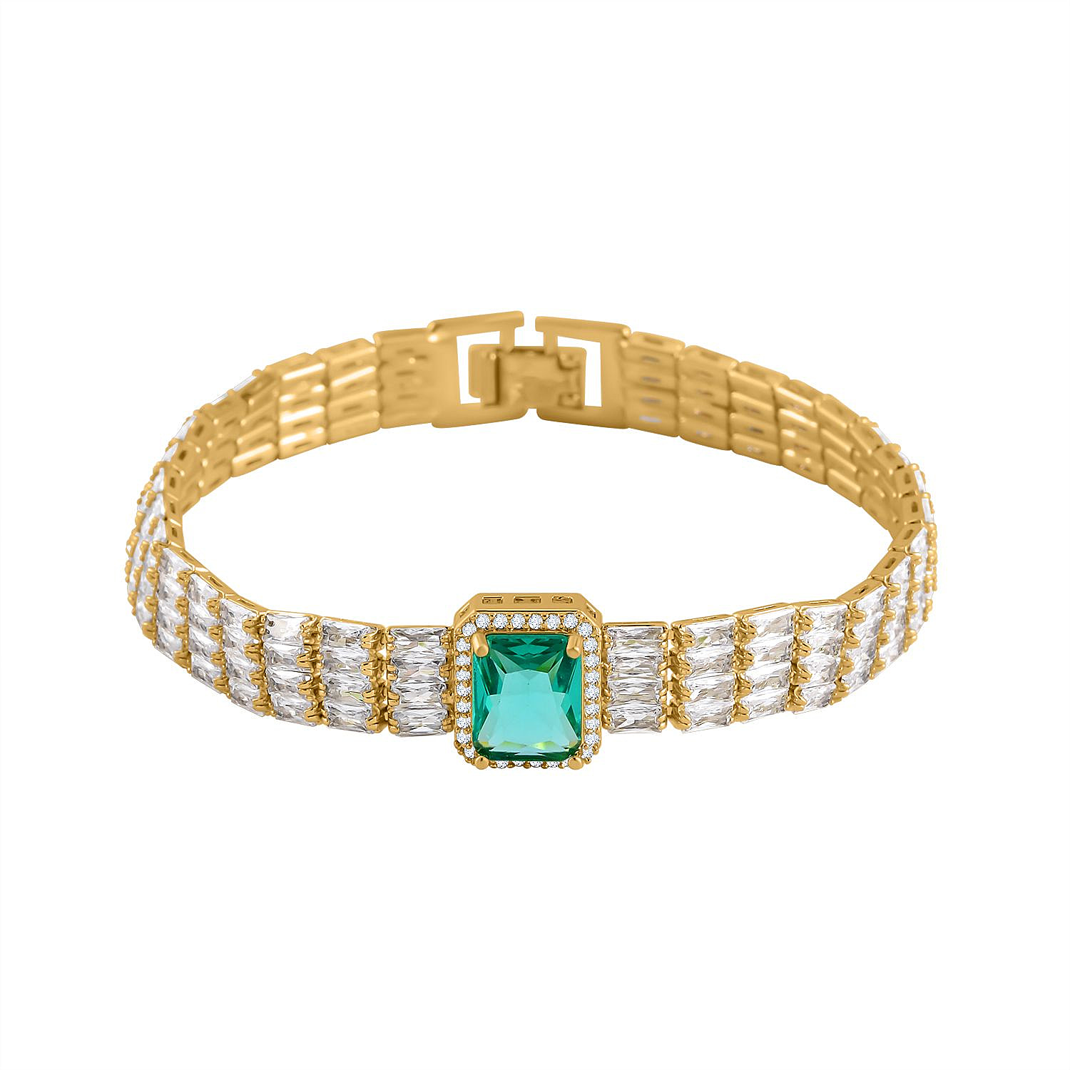 Designer Inspired - Simulated Emerald Colour Austrian Crystal & Cubic Zirconia Bracelet (Size - 7.5)