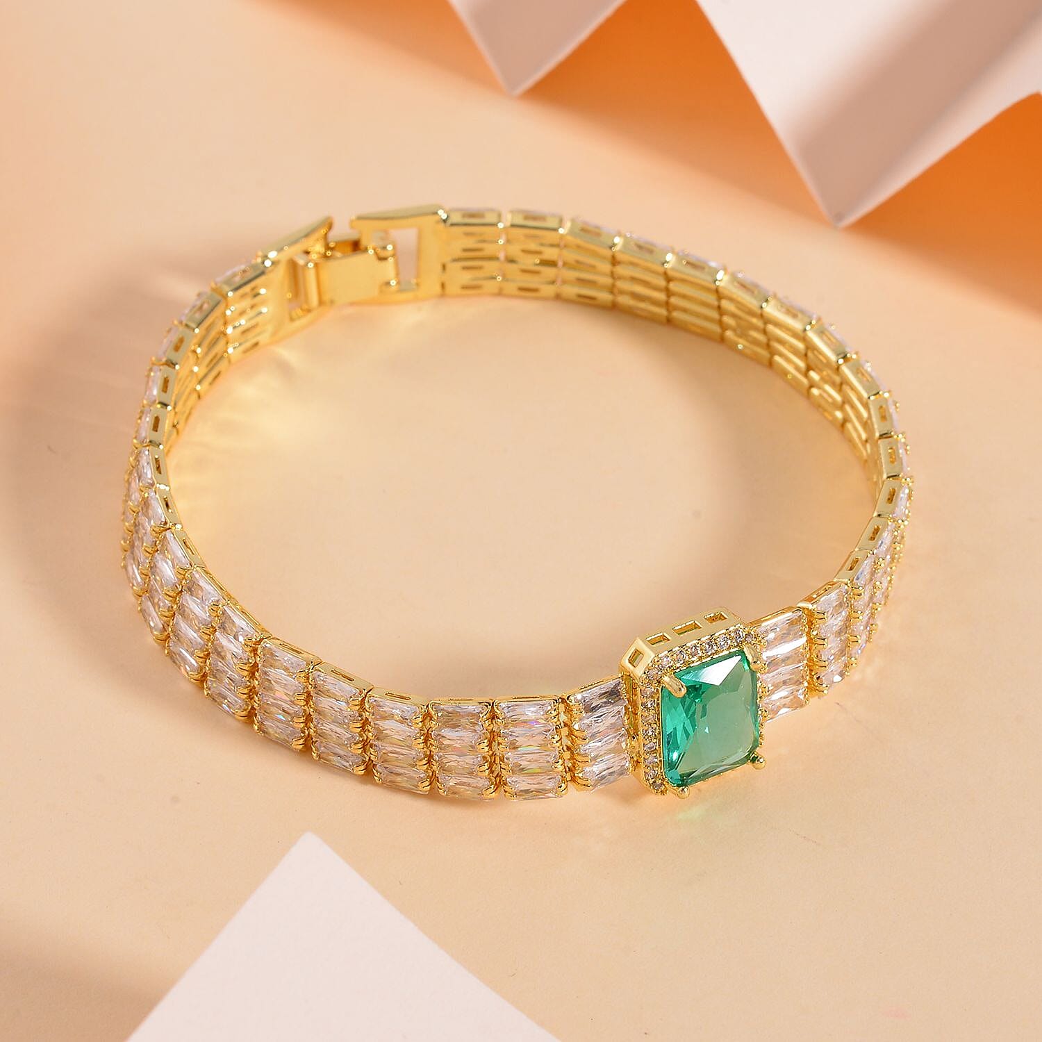 Designer Inspired - Simulated Emerald Colour Austrian Crystal & Cubic Zirconia Bracelet (Size - 7.5)