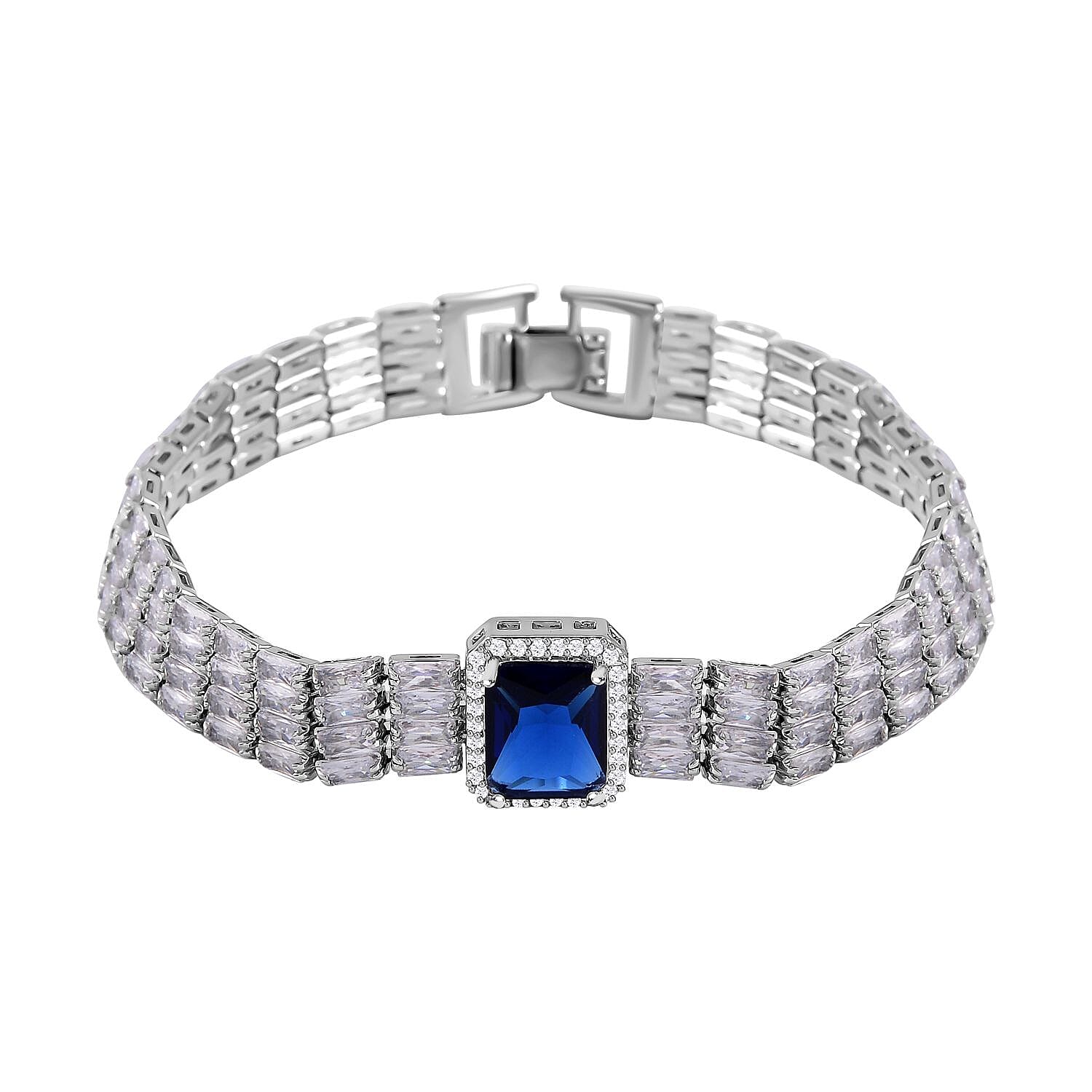 Designer Inspired - Simulated Blue Sapphire & Whitte Cubic Zirconia Bracelet (Size - 7.5)