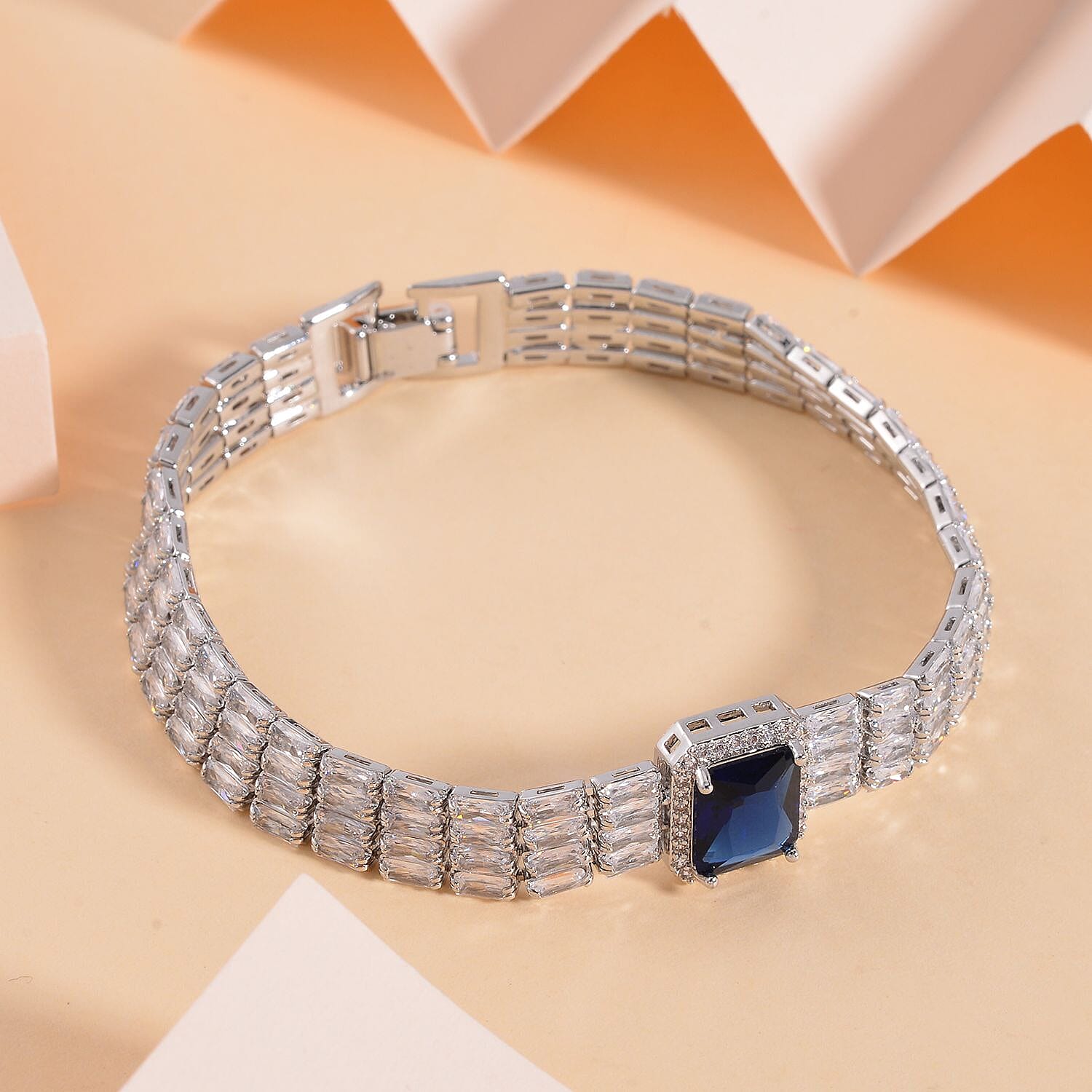 Designer Inspired - Simulated Blue Sapphire & Whitte Cubic Zirconia Bracelet (Size - 7.5)